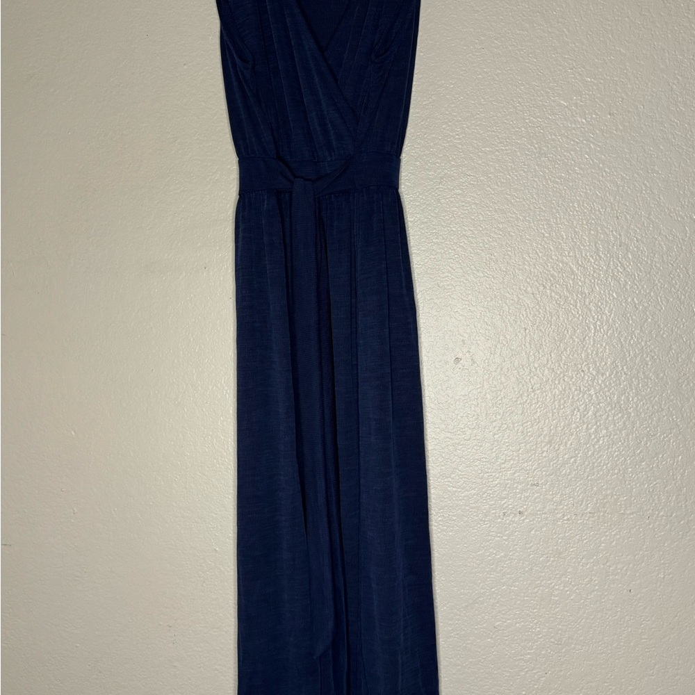 Nicole Miller Navy Sleeveless Pleated Midi Dress with Waist Tie - Size L
